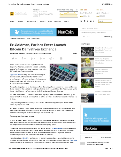 Ex-Goldman, Paribas Execs Launch Bitcoin Derivatives Exchange